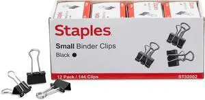 Staples Binder Clips, Small Size, 0.38" Capacity, Black, 144 Pack Compact Clips for Documents, Notes & Office Use Staples Binder Clips, Small Size, 0.38" Capacity, Black, 144 Pack Compact Clips for Documents, Notes & Office Use