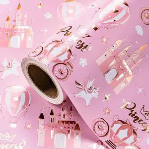 WRAPAHOLIC Princess Wrapping Paper Roll - Mini Roll - 17 Inch x 16.5 Feet - Carriage Castle Pink Wrapping Paper with Pink Foil Design Perfect for Kids Girls Birthday, Baby Shower, Princess Party WRAPAHOLIC Princess Wrapping Paper Roll - Mini Roll - 17 Inch x 16.5 Feet - Carriage Castle Pink Wrapping Paper with Pink Foil Design Perfect for Kids Girls Birthday, Baby Shower, Princess Party