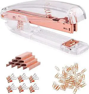 Acrylic Desktop Stapler with 1000 26/6 Staples, 6 Binder Clips & 50 Paper Clips, Desk Accessory Kit for Home Office School (Rose Gold) Acrylic Desktop Stapler with 1000 26/6 Staples, 6 Binder Clips & 50 Paper Clips, Desk Accessory Kit for Home Office School (Rose Gold)