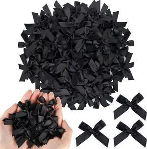 NEBURORA 100 Pcs Mini Black Satin Fabric Ribbons Bows with Dot Stickers NEBURORA 100 Pcs Mini Black Satin Fabric Ribbons Bows with Dot Stickers