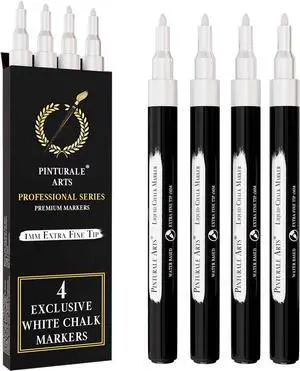 Pinturale Arts 4 Extra Fine Tip White Chalk Markers | 1mm Tip | For Windows, Blackboard, Dry Erase Board, Chalkboards, Glass, Easy Erase | White Chalk Pens Fine Tip Pinturale Arts 4 Extra Fine Tip White Chalk Markers | 1mm Tip | For Windows, Blackboard, Dry Erase Board, Chalkboards, Glass, Easy Erase | White Chalk Pens Fine Tip