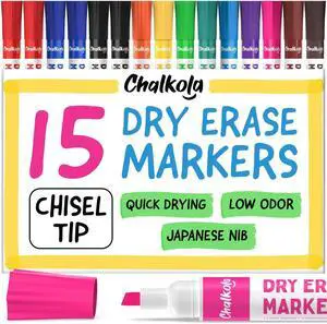 Chalkola 15 Dry Erase Markers Chisel Tip - Whiteboard Markers, 12 Colors Chalkola 15 Dry Erase Markers Chisel Tip - Whiteboard Markers, 12 Colors