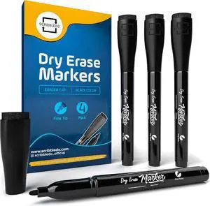 Scribbledo 4 Pack Fine Tip Dry Erase Markers Black Low-Odor Whiteboard Markers with Eraser Cap for Office Meetings Planning Boards & Home Workspace Scribbledo 4 Pack Fine Tip Dry Erase Markers Black Low-Odor Whiteboard Markers with Eraser Cap for Office Meetings Planning Boards & Home Workspace
