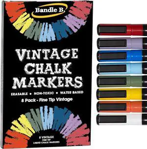 Bandle B. Chalk Markers - 8 Vintage Extra Fine Tip, Erasable, Non-Toxic, Water-Based, for Glass or Chalkboard Markers for Businesses, Restaurants - Liquid Drawing Chalk Bandle B. Chalk Markers - 8 Vintage Extra Fine Tip, Erasable, Non-Toxic, Water-Based, for Glass or Chalkboard Markers for Businesses, Restaurants - Liquid Drawing Chalk