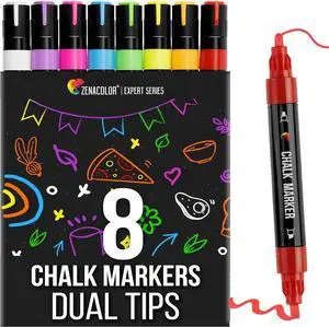 Zenacolor Liquid Chalk Markers - Dual Tips, 8 Vibrant Colors, Non-Toxic, Quick-Drying, Erasable for Blackboard, Windows, Glass, Cars - 24 Labels Included Zenacolor Liquid Chalk Markers - Dual Tips, 8 Vibrant Colors, Non-Toxic, Quick-Drying, Erasable for Blackboard, Windows, Glass, Cars - 24 Labels Included