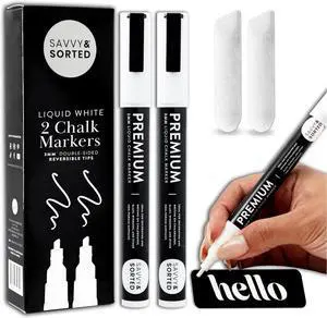 SAVVY & SORTED Erasable White Chalk Markers, 2PK 3mm Liquid Fine Tip Pens Chalkboard Bistro Marker for Glass Window Board SAVVY & SORTED Erasable White Chalk Markers, 2PK 3mm Liquid Fine Tip Pens Chalkboard Bistro Marker for Glass Window Board