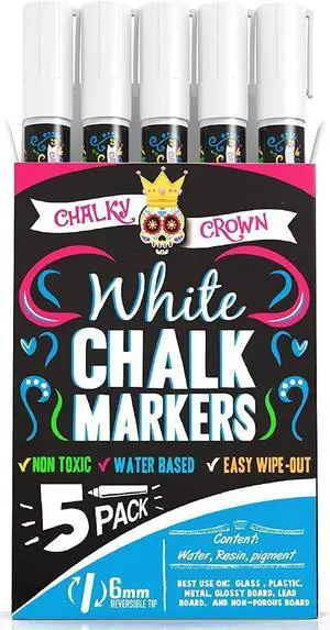 CHALKY CROWN White Liquid Chalk Markers - White - 5 Pack, 6mm Tip CHALKY CROWN White Liquid Chalk Markers - White - 5 Pack, 6mm Tip