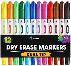 inamio 12 Dry Erase Markers Dual Tip, Ultra Fine & Broad, Pastel & Classic inamio 12 Dry Erase Markers Dual Tip, Ultra Fine & Broad, Pastel & Classic