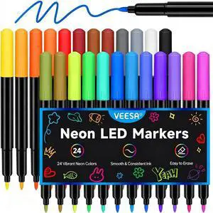 VEESA Liquid Chalk Markers for LED Boards, 24 Colors, 1mm Fine Tip VEESA Liquid Chalk Markers for LED Boards, 24 Colors, 1mm Fine Tip