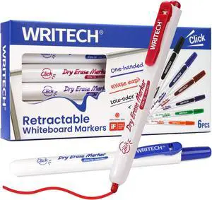 WRITECH Retractable Dry Erase Markers: Fine Point Clickable Colored Ink Marker Low Odor Erasable Thin Tip Refillable Multicolor Whiteboard Marker Pen Set 6ct No Smear Bleed WRITECH Retractable Dry Erase Markers: Fine Point Clickable Colored Ink Marker Low Odor Erasable Thin Tip Refillable Multicolor Whiteboard Marker Pen Set 6ct No Smear Bleed