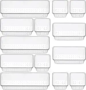 12 Pack Clear Drawer Organizer Set, 3 Sizes Bathroom Vanity Organizer Trays 12 Pack Clear Drawer Organizer Set, 3 Sizes Bathroom Vanity Organizer Trays
