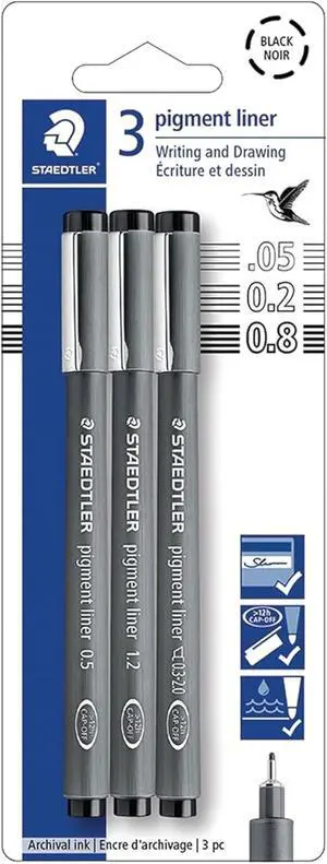 Staedtler Pigment Liner Pack, Black, 3 Pens, Assorted Line Widths 0.05mm/0.2mm/0.8mm, 308-9SBK3 Staedtler Pigment Liner Pack, Black, 3 Pens, Assorted Line Widths 0.05mm/0.2mm/0.8mm, 308-9SBK3