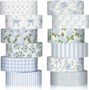 12 Rolls Floral Washi Tape Set,Dusty Blue,Rose and Hydrangea 12 Rolls Floral Washi Tape Set,Dusty Blue,Rose and Hydrangea