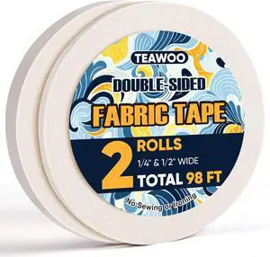 2 Rolls Double Sided Fabric Tape,1/3-1/2IN 98 FT Hem Tape No Sewing No Iron 2 Rolls Double Sided Fabric Tape,1/3-1/2IN 98 FT Hem Tape No Sewing No Iron