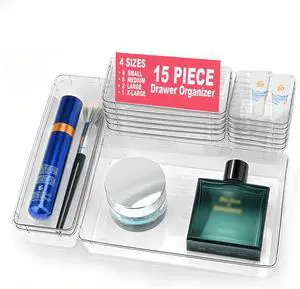 15 Pcs Clear Plastic Drawer Organizer, Makeup & Vanity Organizer 15 Pcs Clear Plastic Drawer Organizer, Makeup & Vanity Organizer