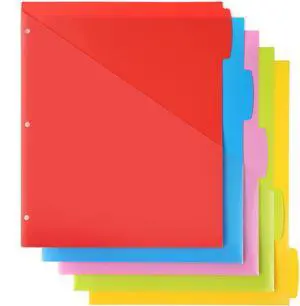 Plastic 5-Tab Dividers with Clear Front Pockets -1 Set, Pocket Dividers for 3-Ring Binders, Multi-Color Binder Dividers Plastic 5-Tab Dividers with Clear Front Pockets -1 Set, Pocket Dividers for 3-Ring Binders, Multi-Color Binder Dividers