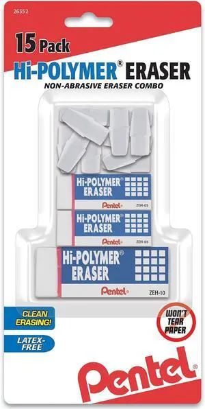 Pentel Hi-Polymer Eraser White Assorted Pack, 15 Pack Pentel Hi-Polymer Eraser White Assorted Pack, 15 Pack