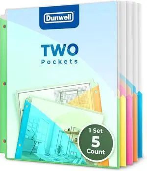Dunwell 3 Ring Binder Pocket (1 Set, 5 Count) No Tab, Plastic Slash File Jackets for 8.5x11 Paper, Multicolor Notebook Divider with Pockets, 3 Hole Punched Project Folder, Acid-Free Dunwell 3 Ring Binder Pocket (1 Set, 5 Count) No Tab, Plastic Slash File Jackets for 8.5x11 Paper, Multicolor Notebook Divider with Pockets, 3 Hole Punched Project Folder, Acid-Free