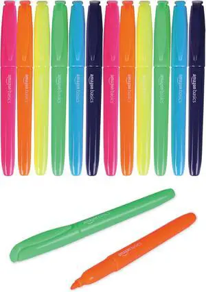 Amazon Basics Chisel Tip Highlighters, Fluorescent Ink, Vibrant Assorted Colors, School Supplies, 12-Pack Amazon Basics Chisel Tip Highlighters, Fluorescent Ink, Vibrant Assorted Colors, School Supplies, 12-Pack