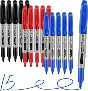 Fine Point Assorted Colors Permanent Markers Set, Works on Paper, Plastic, Metal, etc., for Adults, Artist, Teacher, Kids, Black, Blue, Red, 15 Count Fine Point Assorted Colors Permanent Markers Set, Works on Paper, Plastic, Metal, etc., for Adults, Artist, Teacher, Kids, Black, Blue, Red, 15 Count