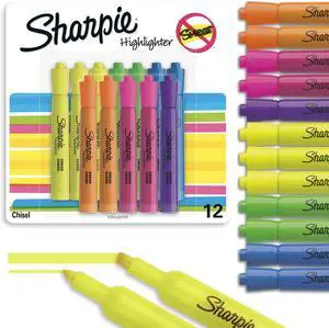 Sharpie Tank Highlighters, Assorted Colors, Chisel Tip, Back to School Essentials, Teacher & Office Supplies, Smear-Resistant, 12-Pack Sharpie Tank Highlighters, Assorted Colors, Chisel Tip, Back to School Essentials, Teacher & Office Supplies, Smear-Resistant, 12-Pack