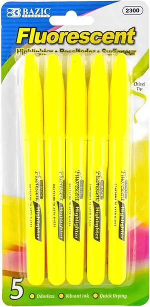 BAZIC PRODUCTS Yellow Pen Style Highlighters, Chisel Tip, Pocket Clip, 5 Ct BAZIC PRODUCTS Yellow Pen Style Highlighters, Chisel Tip, Pocket Clip, 5 Ct
