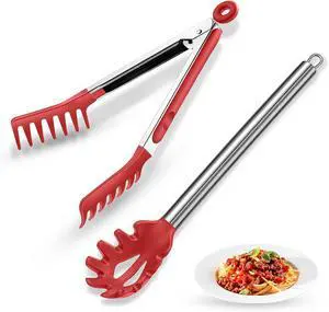 Spaghetti Spoon and Pasta Tong with Teeth and Drain Holes, 2-Piece Non-Stick Silicone Spoon Server Fork with Stainless Steel Handle, Kitchen Tong for Cooking, Serving, Salad and Noodles, Red Spaghetti Spoon and Pasta Tong with Teeth and Drain Holes, 2-Piece Non-Stick Silicone Spoon Server Fork with Stainless Steel Handle, Kitchen Tong for Cooking, Serving, Salad and Noodles, Red