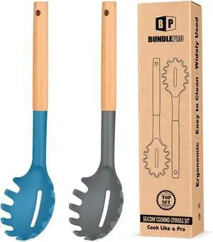 Pack of 2 Spaghetti Spoon, Silicone Pasta Fork with Wooden Handle, Heat Resistant Noodle Spoon Server, BPA Free Spaghetti Strainer(GRAY-BLUE) Pack of 2 Spaghetti Spoon, Silicone Pasta Fork with Wooden Handle, Heat Resistant Noodle Spoon Server, BPA Free Spaghetti Strainer(GRAY-BLUE)
