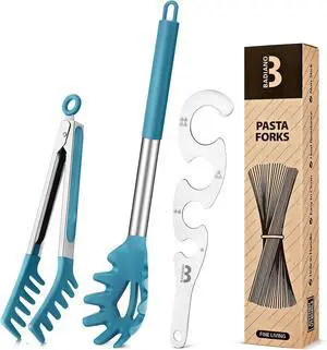 Silicone Spaghetti Spoon & Pasta Tong With Pasta Measurer, 3 Pack of Non-Stick Stainless Steel Handle Pasta Fork Set with Teeth, Food Clip for Easy Serving of Noodles (BLUE) Silicone Spaghetti Spoon & Pasta Tong With Pasta Measurer, 3 Pack of Non-Stick Stainless Steel Handle Pasta Fork Set with Teeth, Food Clip for Easy Serving of Noodles (BLUE)