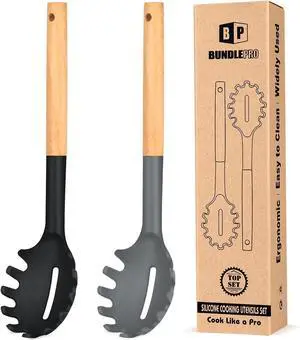 Pack of 2 Spaghetti Spoon, Silicone Pasta Fork with Wooden Handle, Heat Resistant Noodle Spoon Server, BPA Free Spaghetti Strainer(BLACK-GRAY) Pack of 2 Spaghetti Spoon, Silicone Pasta Fork with Wooden Handle, Heat Resistant Noodle Spoon Server, BPA Free Spaghetti Strainer(BLACK-GRAY)
