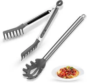 Spaghetti Spoon and Pasta Tong with Teeth and Drain Holes, 2-Piece Non-Stick Silicone Spoon Server Fork with Stainless Steel Handle, Kitchen Tong for Cooking, Serving, Salad and Noodles, Grey Spaghetti Spoon and Pasta Tong with Teeth and Drain Holes, 2-Piece Non-Stick Silicone Spoon Server Fork with Stainless Steel Handle, Kitchen Tong for Cooking, Serving, Salad and Noodles, Grey