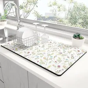 Rnivvi Dish Drying Mat for Kitchen Counter, 12 x 19" Cute Flower Theme Super Absorbent Draining Pad, Non-Slip Heat Resistant Coffee Bar Mat for Coffee Machine Station Accessories, White Dish Rack Pad Rnivvi Dish Drying Mat for Kitchen Counter, 12 x 19" Cute Flower Theme Super Absorbent Draining Pad, Non-Slip Heat Resistant Coffee Bar Mat for Coffee Machine Station Accessories, White Dish Rack Pad