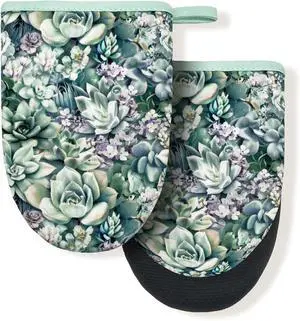 Succulents Green Teal Boho Floral Mini Silicone Oven Mitts, Heat Slip Resistant Kitchen Gloves 2-Pack Set, Soft Short Small Oven Mittens Pot Holders for Baking Grilling Barbecue Microwave Gift Succulents Green Teal Boho Floral Mini Silicone Oven Mitts, Heat Slip Resistant Kitchen Gloves 2-Pack Set, Soft Short Small Oven Mittens Pot Holders for Baking Grilling Barbecue Microwave Gift