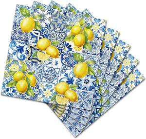 50 Pcs Tile Lemon Cocktail Napkin Disposable Paper Napkin Capri Blue Yellow Drink Beverage Napkins for Summer Home Party Table Supplies Decor 50 Pcs Tile Lemon Cocktail Napkin Disposable Paper Napkin Capri Blue Yellow Drink Beverage Napkins for Summer Home Party Table Supplies Decor