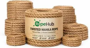 Twisted Manila Rope, Natural 3-Strand Fiber Rope for Landscaping, Decor, Railings, DIY Projects & Utility Use, Rustic for Indoor & Outdoor Applications - 3/8 in x 10 ft Twisted Manila Rope, Natural 3-Strand Fiber Rope for Landscaping, Decor, Railings, DIY Projects & Utility Use, Rustic for Indoor & Outdoor Applications - 3/8 in x 10 ft