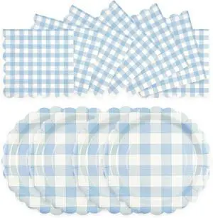 50PCS Paper Birthday Plates and Napkins Light Blue Gingham Disposable Set 50PCS Paper Birthday Plates and Napkins Light Blue Gingham Disposable Set