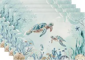 Sea Turtle Placemats Set of 4, 12x18 Inch Teal Blue Ocean Seahorse Coastal Beach Starfish Seashell Summer Kitchen Dining Table Mats Washable Place Mats for Indoor Outdoor Home Party Decor Sea Turtle Placemats Set of 4, 12x18 Inch Teal Blue Ocean Seahorse Coastal Beach Starfish Seashell Summer Kitchen Dining Table Mats Washable Place Mats for Indoor Outdoor Home Party Decor