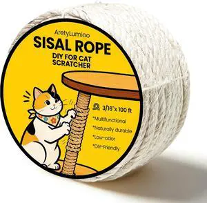 Natural Sisal Rope for Cat Scratching Post Replacement 3/16 Inch x 100 ft, Twine for Repair, Restore & DIY Cat Trees, Towers, Furniture, White Natural Sisal Rope for Cat Scratching Post Replacement 3/16 Inch x 100 ft, Twine for Repair, Restore & DIY Cat Trees, Towers, Furniture, White