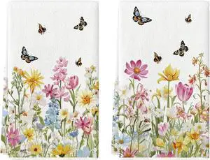 Floral Butterfly Bee Spring Kitchen Towels Dish Towels, 18x26 Inch Farmhouse Summer Decoration Cleaning Set of 2 Floral Butterfly Bee Spring Kitchen Towels Dish Towels, 18x26 Inch Farmhouse Summer Decoration Cleaning Set of 2