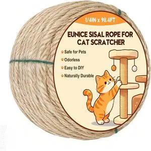 1/4 Inch by 98.4 Feet 6mm Natural Sisal Rope for Cat Scratcher | Cat Tree Rope Twine for Scratching Post Replacement, Repairing, Recovering and DIY, Sisal Rope for Cat Tree Tower Repair 1/4 Inch by 98.4 Feet 6mm Natural Sisal Rope for Cat Scratcher | Cat Tree Rope Twine for Scratching Post Replacement, Repairing, Recovering and DIY, Sisal Rope for Cat Tree Tower Repair