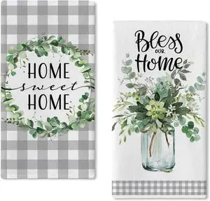 Sweet Home Spring Summer Kitchen Dish Towels Set of 2, Eucalyptus Leaves Mason Jar Hand Towels Drying Baking Cooking Cloth, Grey Plaid Farmhouse Bless Our Home Kitchen Decor 18x26 Inch Sweet Home Spring Summer Kitchen Dish Towels Set of 2, Eucalyptus Leaves Mason Jar Hand Towels Drying Baking Cooking Cloth, Grey Plaid Farmhouse Bless Our Home Kitchen Decor 18x26 Inch