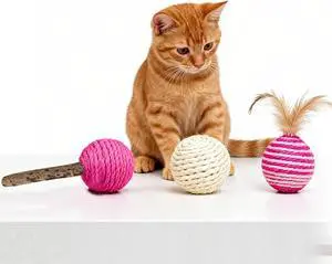 3-Pack Sisal String Rattle Ball Toy for Indoor Cats - All Natural Woven Fibers, Assorted Colors 3-Pack Sisal String Rattle Ball Toy for Indoor Cats - All Natural Woven Fibers, Assorted Colors