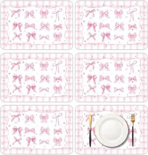 6 Pcs Pink Bow Plastic Placemats, 11x16 Inch Summer Cute Plaid Bow Placemats Seasonal Washable Table Mats for Wedding Baby Shower Birthday Party Kitchen Dining Decoration 6 Pcs Pink Bow Plastic Placemats, 11x16 Inch Summer Cute Plaid Bow Placemats Seasonal Washable Table Mats for Wedding Baby Shower Birthday Party Kitchen Dining Decoration