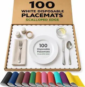Disposable Paper Placemats, Scalloped Edge Table Mats, White, Pack of 100 Disposable Paper Placemats, Scalloped Edge Table Mats, White, Pack of 100
