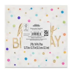 6.5" x 6.5" Disposable Gold/White Happy Birthday Paper Napkins, 20 Count, by 6.5" x 6.5" Disposable Gold/White Happy Birthday Paper Napkins, 20 Count, by