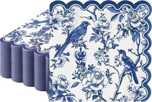 100 Pcs Blue Floral Napkins, 5 x 5 In Scalloped Cocktail Napkins 100 Pcs Blue Floral Napkins, 5 x 5 In Scalloped Cocktail Napkins