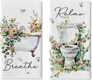 Watercolor Floral Bathroom Dish Towels Set of 2, Toilet Bathtub Flower Eucalyptus Leaves Drying Hand Towel Baking Cooking Cloth, Relax Breath Botanical Plant Washroom Home Kitchen Decor18''x26'' Watercolor Floral Bathroom Dish Towels Set of 2, Toilet Bathtub Flower Eucalyptus Leaves Drying Hand Towel Baking Cooking Cloth, Relax Breath Botanical Plant Washroom Home Kitchen Decor18''x26''