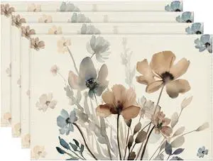 Brown Poppy Floral Leaves Fall Placemats Set of 4, 12x18 Inch Seasonal Spring Table Mats for Party Kitchen Dining Decoration Brown Poppy Floral Leaves Fall Placemats Set of 4, 12x18 Inch Seasonal Spring Table Mats for Party Kitchen Dining Decoration
