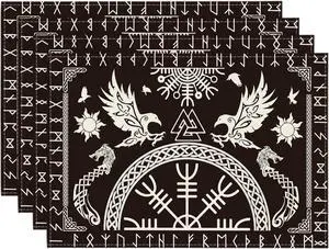Black Viking Tree of Life Raven Helmet of Awe Placemats Set of 4,12x18 Inch Seasonal Table Mats for Party Kitchen Dining Decoration Black Viking Tree of Life Raven Helmet of Awe Placemats Set of 4,12x18 Inch Seasonal Table Mats for Party Kitchen Dining Decoration