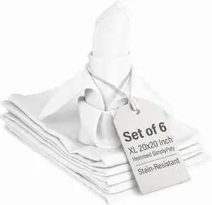 White Cloth Napkins Set of 6, 20x20 XL Hemmed SimplyPoly Polyester, Washable Reusable Dinner Table Napkins for Parties and Bridal Showers White Cloth Napkins Set of 6, 20x20 XL Hemmed SimplyPoly Polyester, Washable Reusable Dinner Table Napkins for Parties and Bridal Showers
